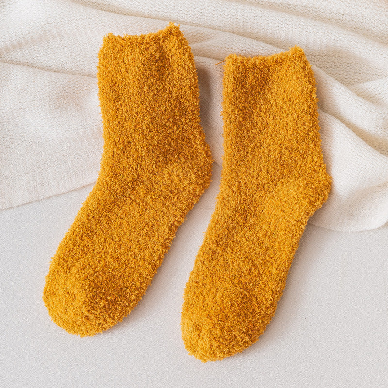 Autumn And Winter Half Velvet Socks Coral Velvet Women's Solid Color Socks Thickened Warm Mid-calf Length Socks
