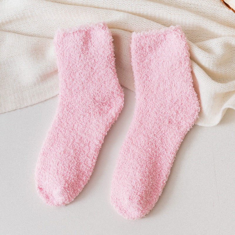 Autumn And Winter Half Velvet Socks Coral Velvet Women's Solid Color Socks Thickened Warm Mid-calf Length Socks