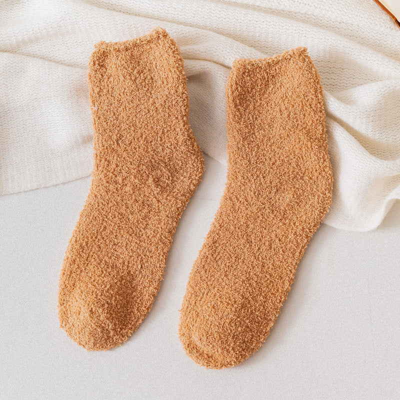 Autumn And Winter Half Velvet Socks Coral Velvet Women's Solid Color Socks Thickened Warm Mid-calf Length Socks