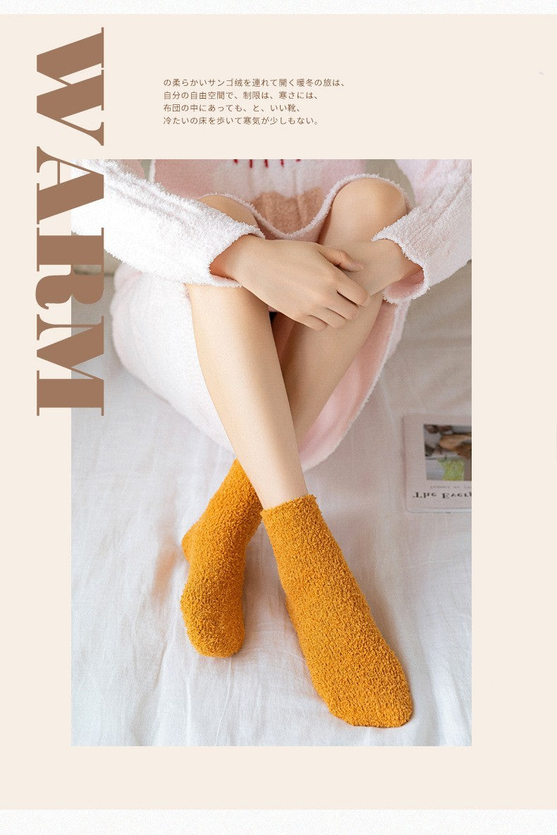 Autumn And Winter Half Velvet Socks Coral Velvet Women's Solid Color Socks Thickened Warm Mid-calf Length Socks