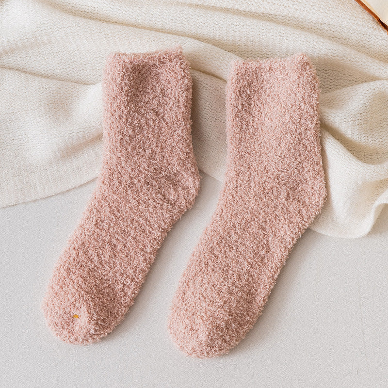 Autumn And Winter Half Velvet Socks Coral Velvet Women's Solid Color Socks Thickened Warm Mid-calf Length Socks