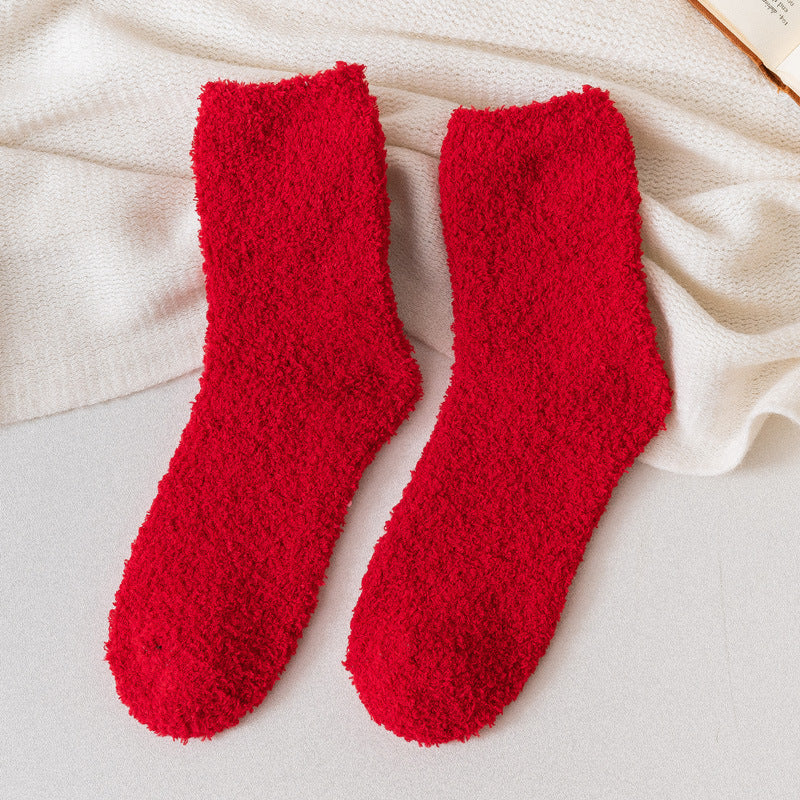 Autumn And Winter Half Velvet Socks Coral Velvet Women's Solid Color Socks Thickened Warm Mid-calf Length Socks
